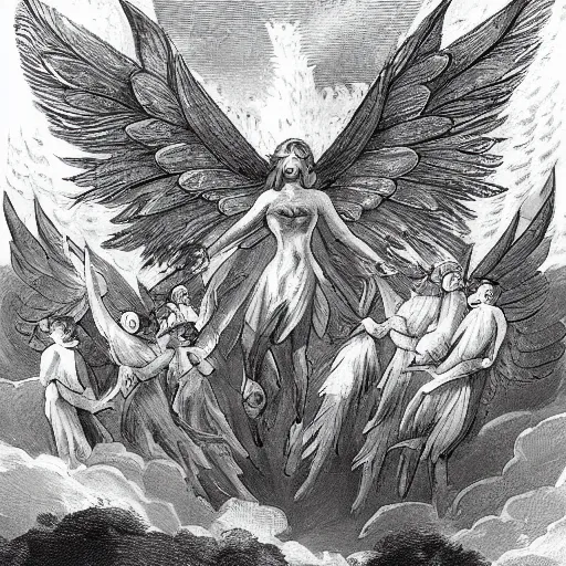 Image similar to A beautiful illustration of a winged creature, possibly an angel, flying high above a group of people in a dark, wooded area. The creature's wings are spread wide and its head is turned upwards, as if it is looking towards the sky. The people below are looking up at the creature with a mixture of awe and fear. by Keith Parkinson, by Carl Larsson evocative