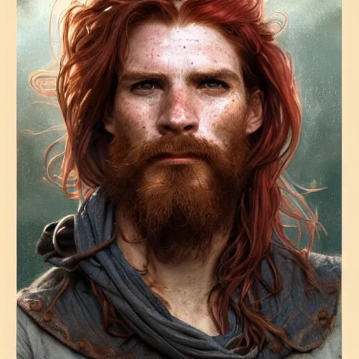 Image similar to portrait of a young ruggedly handsome but joyful pirate, soft freckles, male, masculine, upper body, red crimson hair, long long flowing hair, fantasy, proud smirk, intricate, elegant, highly detailed, digital painting, artstation, concept art, matte, sharp focus, illustration, art by artgerm and greg rutkowski and alphonse mucha