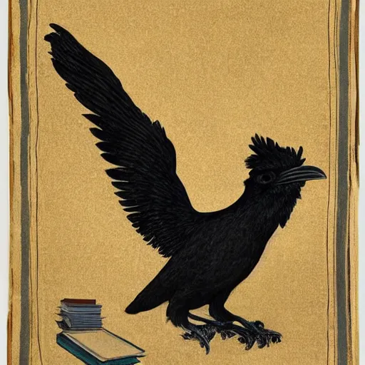 Image similar to beautifully detailed portrait of a detailed raven looking at a book laid out on a golden silk cloth, in a serene beautiful stone arched garden at beautiful sunrise by pascal blanche and frederic leighton and by rosetti and sidney cooper, 4 k, artstation