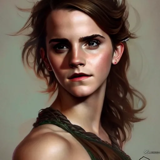 Image similar to portrait of emma watson, muscular, upper body, hairy torso, D&D, fantasy, intricate, elegant, highly detailed, digital painting, artstation, concept art, matte, sharp focus, illustration, art by Artgerm and Greg Rutkowski and Alphonse Mucha