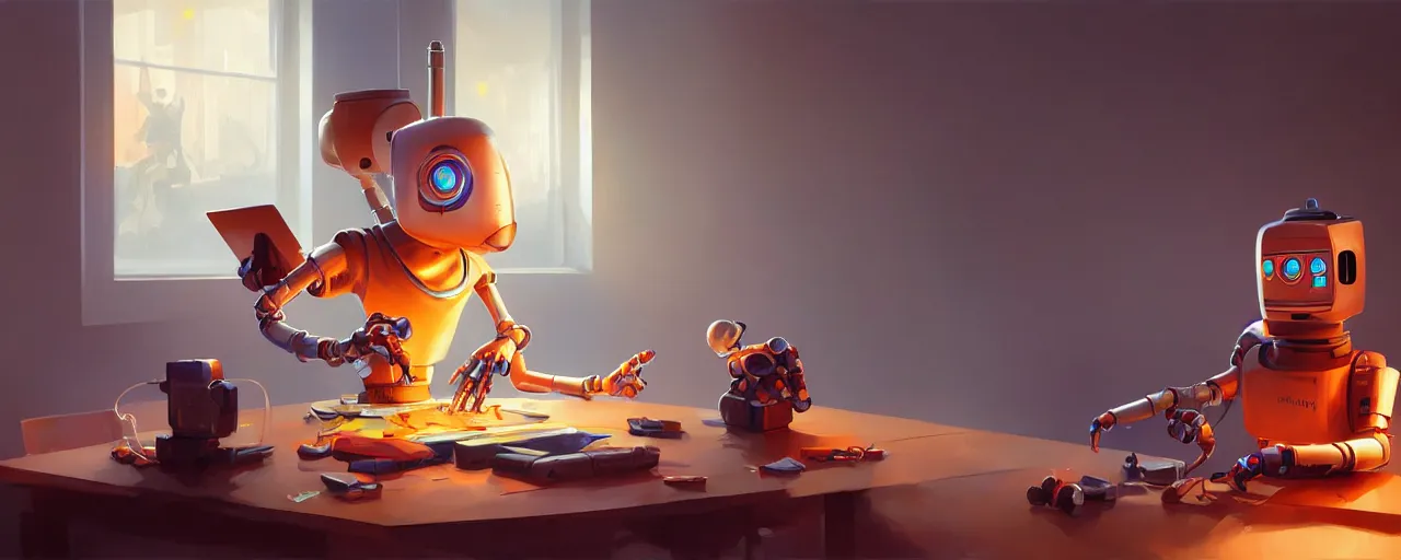 Image similar to excited young programmer, robot details on table, digital art, art - station octane render high detailed hd by jesper ejsing, by rhads, ilya kuvshinov, global illumination.