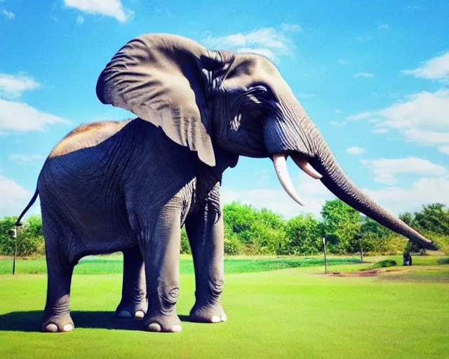 Image similar to an elephant painting a beautiful picture of an elephant while standing outside in a park on a sunny day, octane, shot on an iphone,