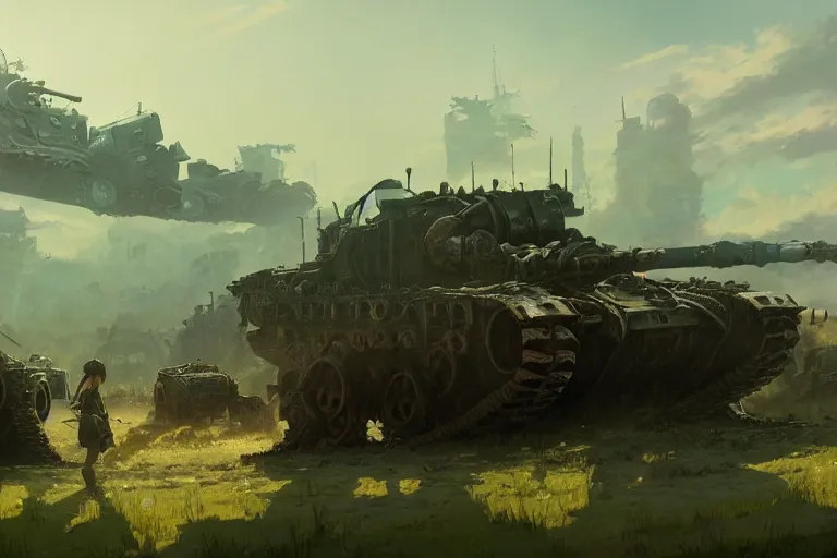 Image similar to concept art of ruined dieselpunk orcish tanks in an open field, key visual, ambient lighting, highly detailed, digital painting, artstation, concept art, sharp focus, by makoto shinkai and akihiko yoshida and hidari and wlop