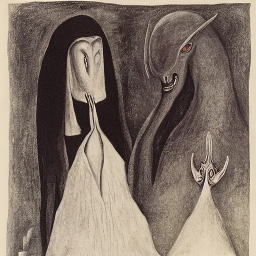 Prompt: the devil meets the nun, leonora carrington