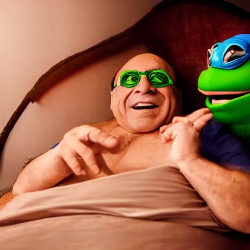 Image similar to Danny DeVito and A ninja turtle in bed, cinematic, studio light, 8K,