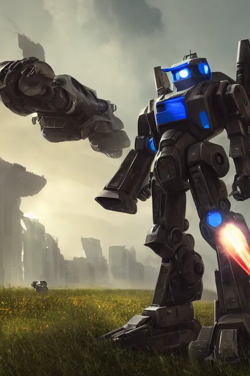 Image similar to mechwarrior 5 : mercenaries mech megaman transformer robot boss tank engine game octane render, 4 k, hd 2 0 2 2 3 d cgi rtx hdr style chrome reflexion glow fanart, global illumination ray tracing hdr fanart arstation by sung choi and eric pfeiffer and gabriel garza and casper konefal pixar and disney unreal zbrush central hardmesh