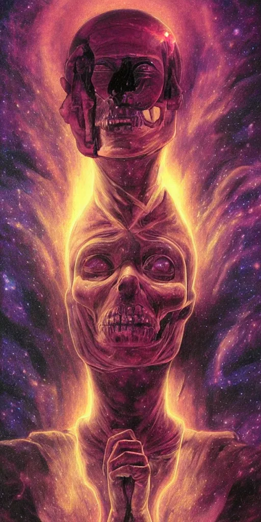 Image similar to intense glowing egyptian mummy god with ancient bandages and intense black eyes with a skull in very dark cosmic nebula by artgerm and beksinski and alphonse mucha, portrait, centered, symmetrical, clear, light beams, lens flare, intense, pharoah, uhd, amazing depth, cinematic lighting, black and purple and shining gold