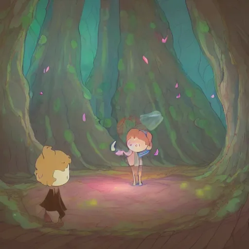 Image similar to a faerie and firefly couple living inside a hollow in a tree, masterpiece soft focus painting by kerascoet by marie pommepuy and sebastien cosset by studio ghibli, dynamic lighting