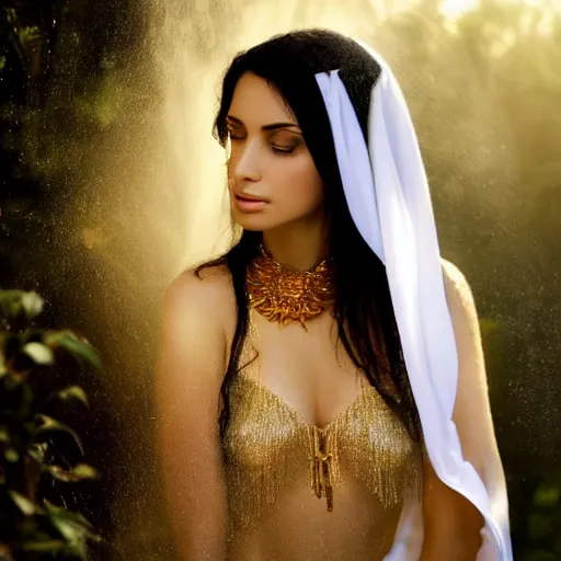 Image similar to beautiful Arab woman, white transparent veil black hair, bathing in a waterfall, ethereal, emotive, fine art, water mist, mystical, Romanticism, natural light, cinematic lighting, ultra detailed, highly detailed, sharp focus, golden background with flowers, golden jewellery with blue sapphires, photographic, art by artgerm and greg rutkowski and zdislav beksinski