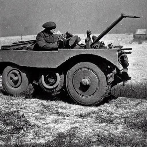 Prompt: a picture of a giant bear pulling a towed canon on wheel, eastern front, ww 2, historical picture