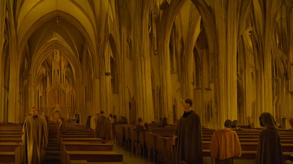 Image similar to church service, film still from the movie directed by denis villeneuve and david cronenberg with art direction by zdzisław beksinski and dr. seuss