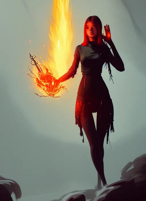 Image similar to satan daughter, wearing, outfit, clothes, full body, fire, hell, lightning, background, pyromancer, intricate, elegant, highly detailed, digital painting, artstation, concept art, smooth, sharp focus, illustration, ethereal, misty, by ilya kuvshinov and jeremy mann, 8 k, octane render