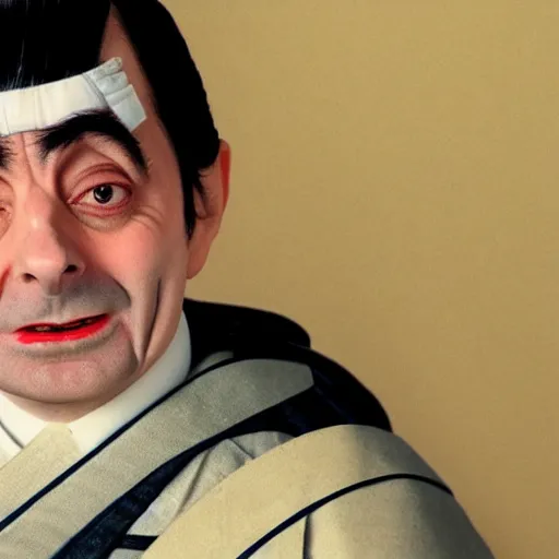 Image similar to mr bean dressed as a traditional japanese woman