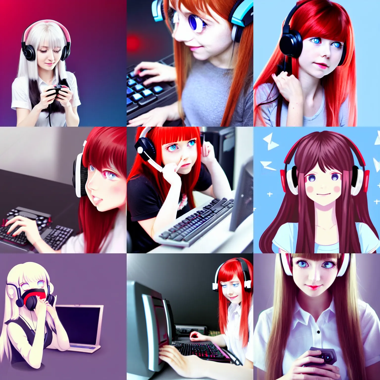 Prompt: white long haired red eyed young cute girl wearing headset playing computer game mika pikazo, anmi, hiten, rella style pinterest