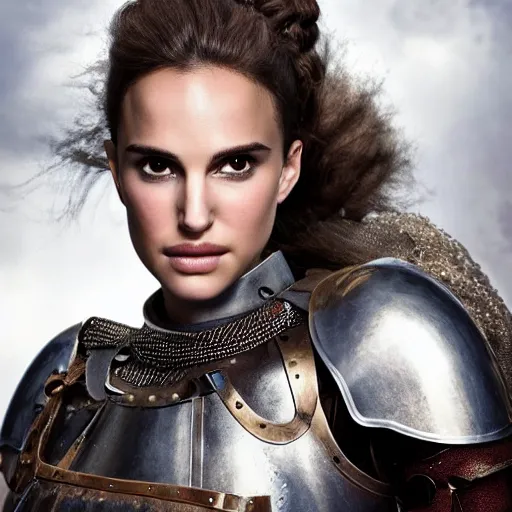 Prompt: head and shoulders portrait of a female knight, young natalie portman, steampunk, armored, athletic, vogue fashion photo