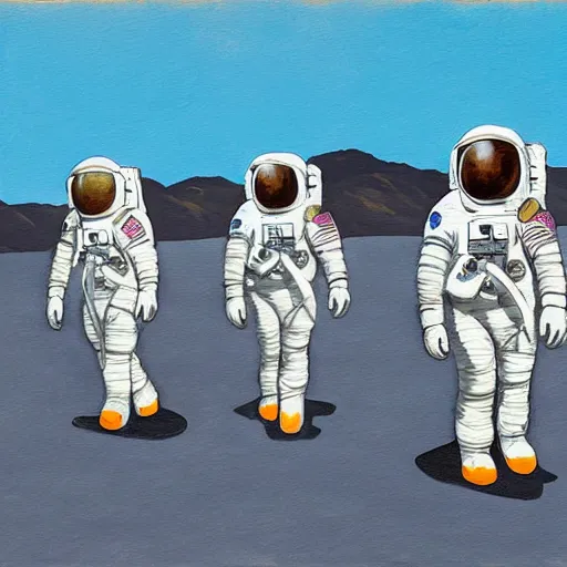 Prompt: astronauts walking on the moon with earth on the background, painting style of samdoesarts