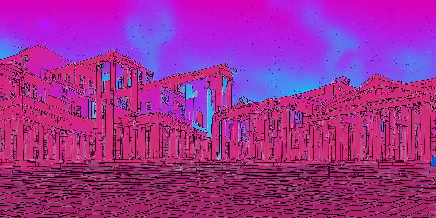 Image similar to the school of athenes paiting in synthwave style