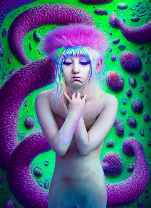 Image similar to hyper detailed 3d render like a Oil painting - kawaii portrait Aurora (white haired Singer Ferret) seen Eating of the Strangling network of yellowcake aerochrome and milky Fruit and Her delicate Hands hold of gossamer polyp blossoms bring iridescent fungal flowers whose spores black the foolish stars by Jacek Yerka, Mariusz Lewandowski, Houdini algorithmic generative render, Abstract brush strokes, Masterpiece, Edward Hopper and James Gilleard, Zdzislaw Beksinski, Mark Ryden, Wolfgang Lettl, hints of Yayoi Kasuma, octane render, 8k