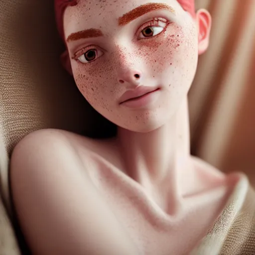 Prompt: portrait of a cute thin young woman, red blush, cute freckles wearing casual clothes, small smile, relaxing on a couch, cozy under a blanket, cozy living room, close up shot, 8 k, octane render, trending on artstation, art by diego fazio and irakli nadar and ron mueck,, hyperrealism, hyperdetailed, ultra realistic