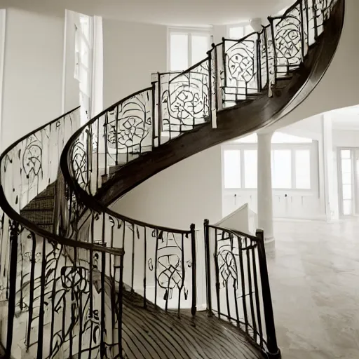 Prompt: two elegant spiral staircases rise up to a landing, a beautiful girl with long dark hair, dressed in white , stands at the bottom of the staircase