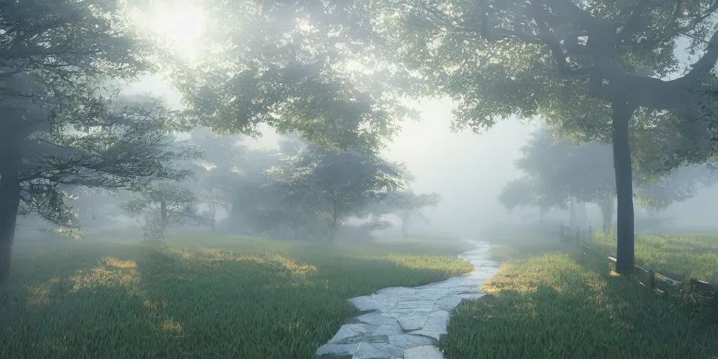 Prompt: i, a detailed Japanese yard in the morning mist with sunshine, 8k, high definition, trending on artstation