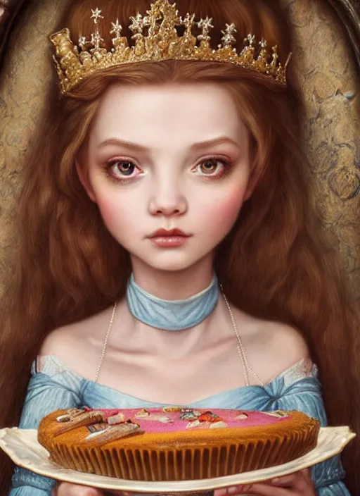 Image similar to highly detailed closeup portrait of a fairytale medieval princess eating cakes, unreal engine, nicoletta ceccoli, mark ryden, lostfish, earl norem, global illumination, god rays, detailed and intricate environment