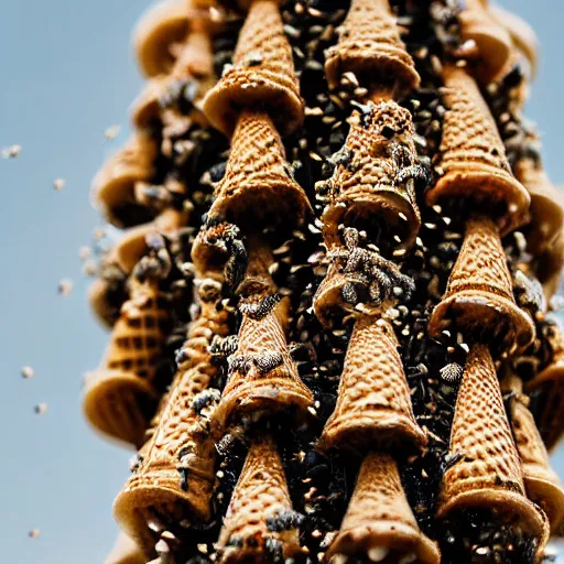 Image similar to a detailed photograph of an ice cream cone filled with nothing but bees