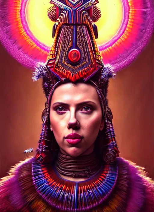 Image similar to portrait of scarlett johansson, hyper detailed ultra sharp aztec shaman warrior. trending on artstation, warpaint aesthetic, bloodwave, colorful, psychedelic, ornate, intricate, digital painting, concept art, smooth, sharp focus, illustration, art by artgerm and greg rutkowski and h. r. giger, 8 k