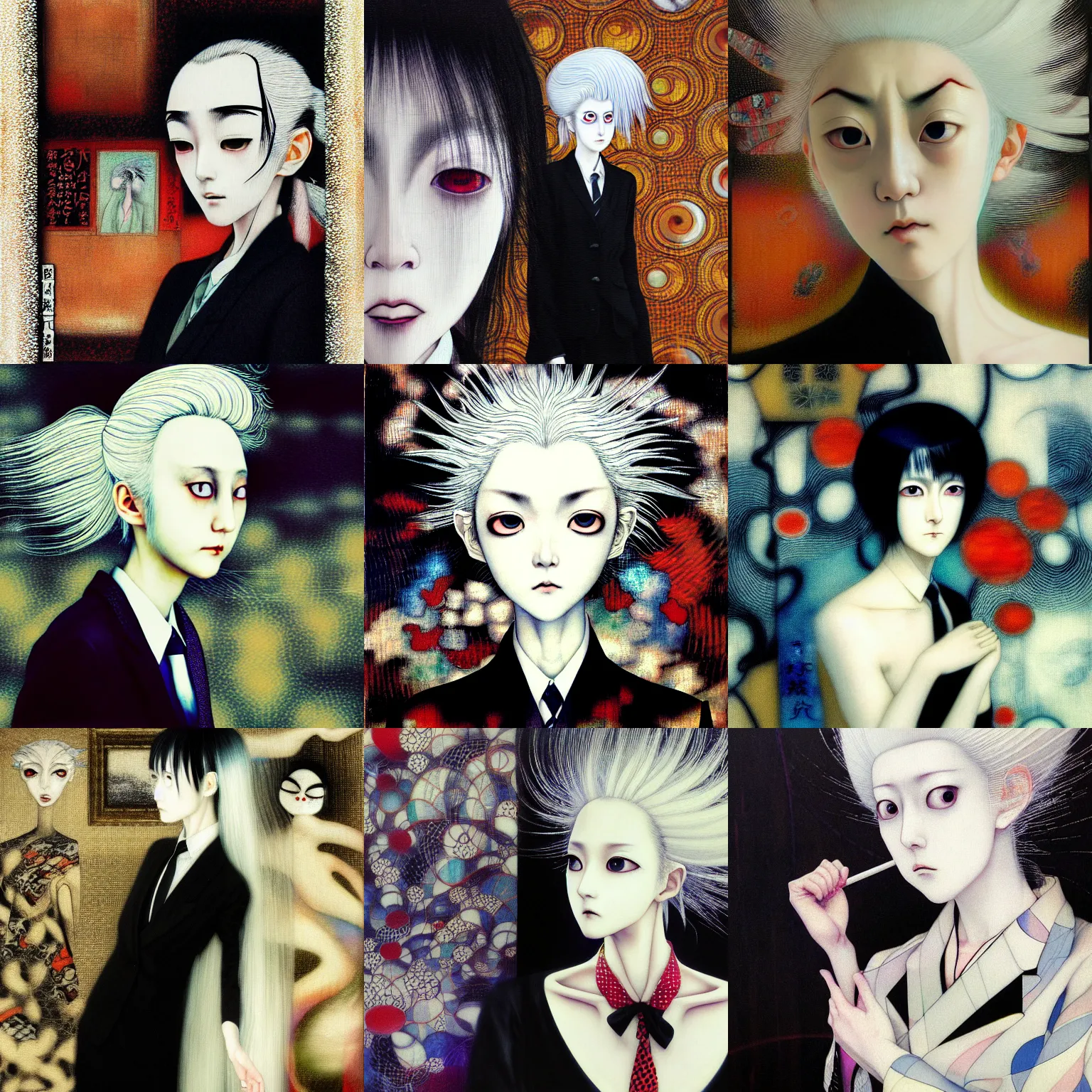 Prompt: yoshitaka amano blurred and dreamy realistic portrait of a woman with white hair and black eyes wearing dress suit with tie, junji ito abstract patterns in the background, satoshi kon anime, noisy film grain effect, highly detailed, renaissance oil painting, weird portrait angle, blurred lost edges, three quarter view