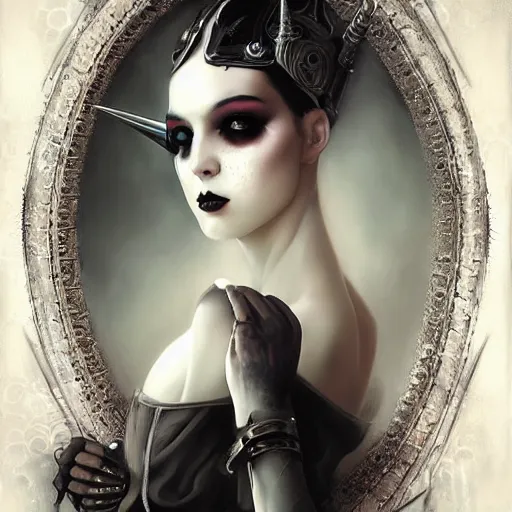 Image similar to By Tom Bagshaw, ultra realist soft painting of curiosities cyberpunk carnival by night, very beautiful horned single female gothic corset , symmetry accurate features, very intricate details, ominous sky, black and white, volumetric light clouds