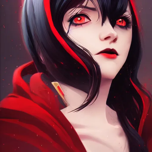 Image similar to a portrait of a very beautiful vampire woman with black hair and pale skin, red eyes, wearing a black and red cloak, nightime village background, anime key visual, dramatic lighting, 4k resolution, illustration, concept art, lois van baarle, ilya kuvshinov, rossdraws, artstation