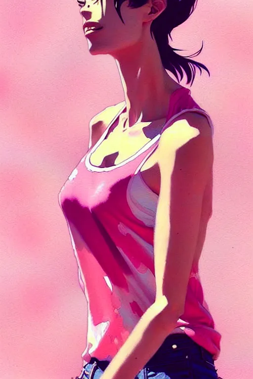 Image similar to a ultradetailed beautiful painting of a stylish woman in a pink tank top, by conrad roset, greg rutkowski and makoto shinkai trending on artstation