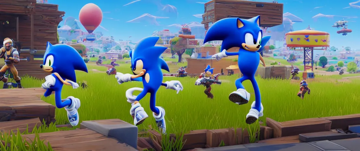 Image similar to sonic in fortnite announcement advertising