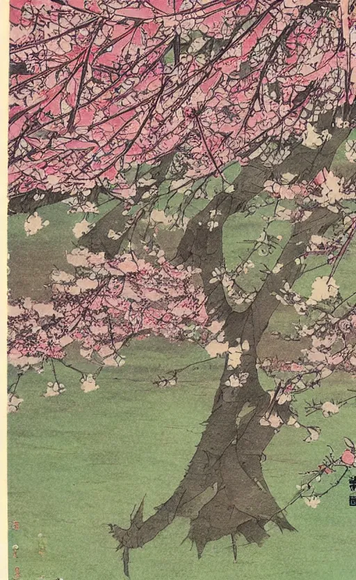 Prompt: by akio watanabe, manga art, multiple color flag next to cherry tree, trading card front, kimono, sun in the background