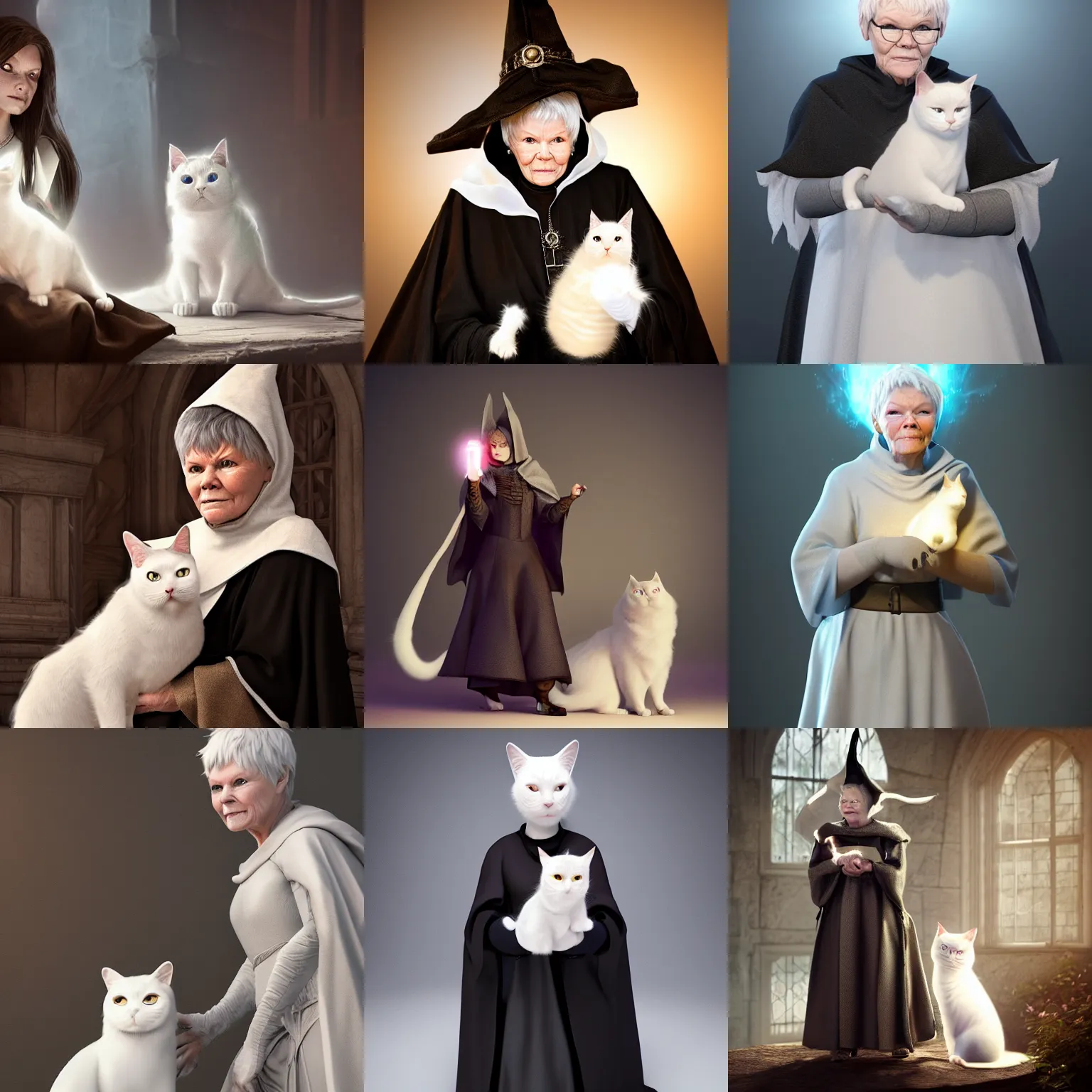 Prompt: Judy Dench wearing medieval witch robes holding a magical glowing white cat. Trending on Artstation, octane render, ultra detailed, art by Ross tran