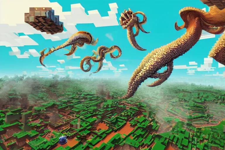 Prompt: giant squids battling in the sky, minecraft, artstation, highly detailed