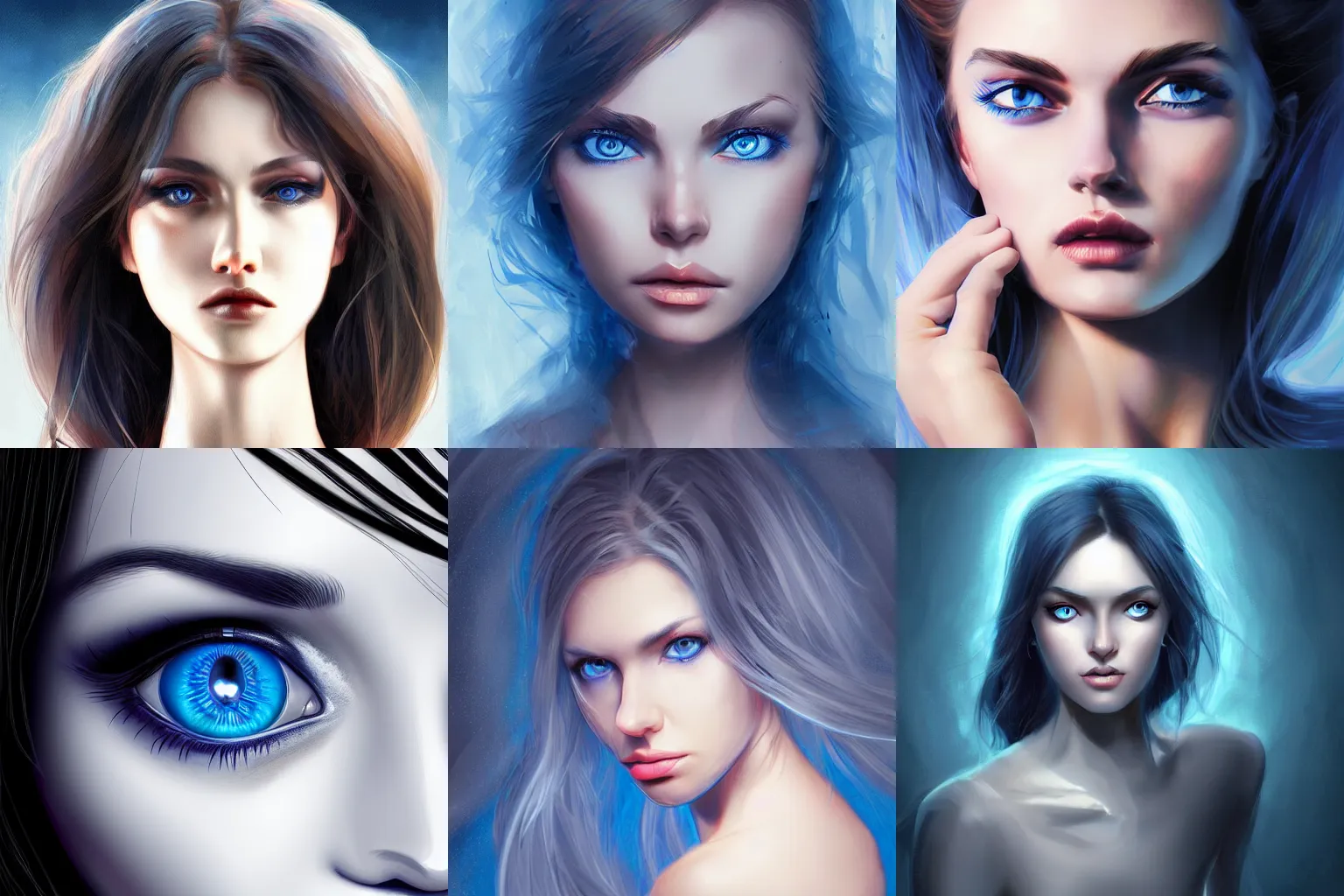 Prompt: woman with deep blue eyes, blissful stare, hypnotizing, artstation, digital art