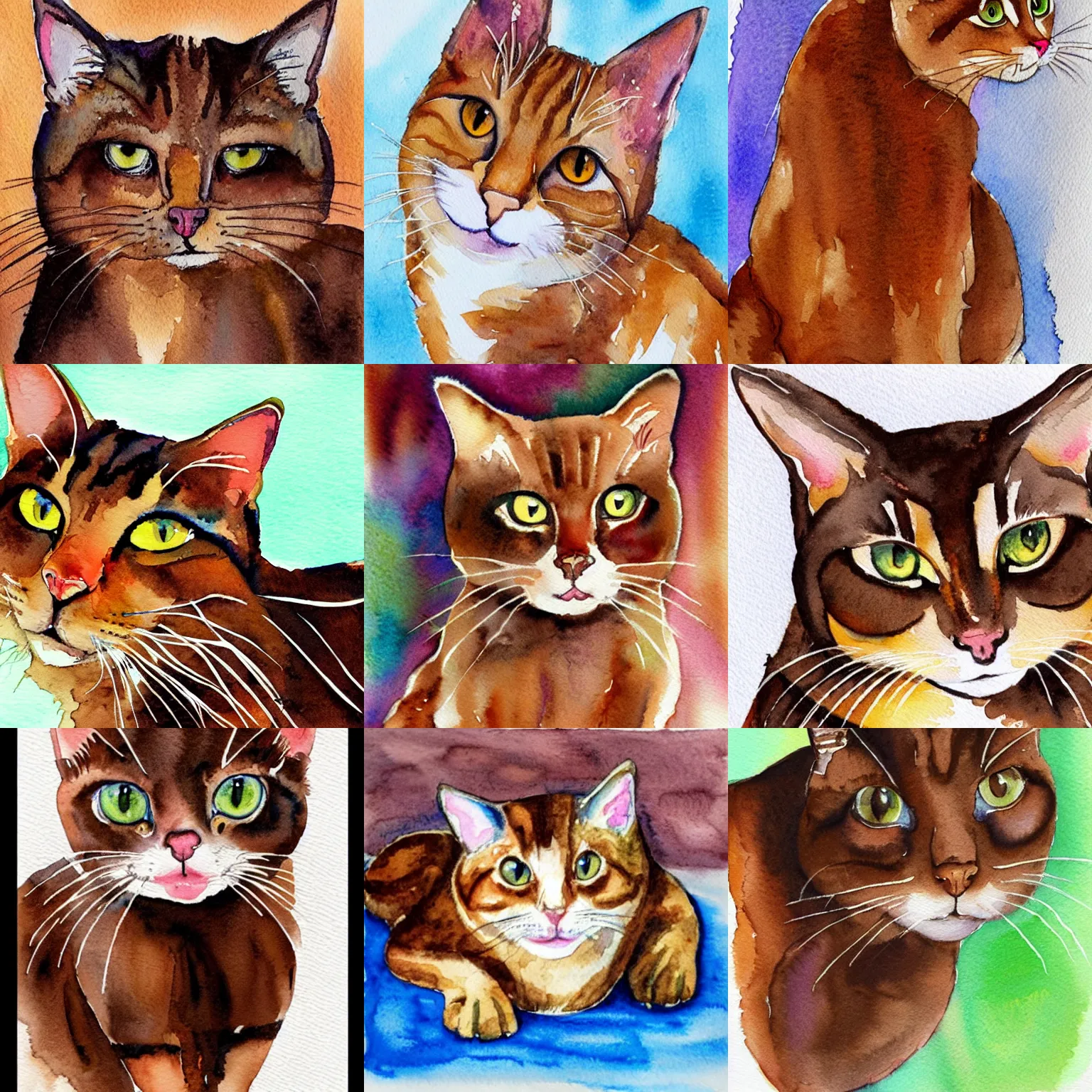 Prompt: a vibrant watercolor painting of a completely brown brown brown brown cat, cute