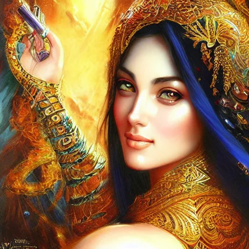 Image similar to a beautiful arabian woman by karol bak, ayami kojima, artgerm, arabian beauty, blue eyes, smile, concept art, fantasy