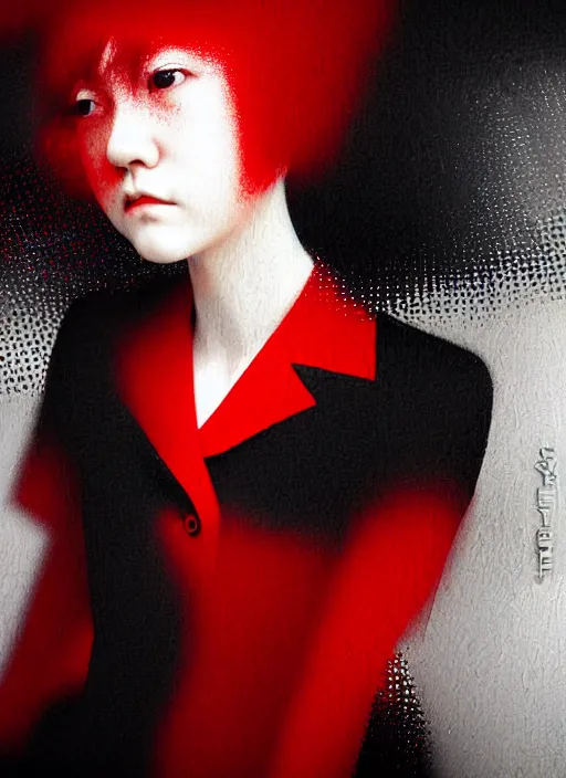 Image similar to red, white and black color palette, yoshitaka amano blurred and dreamy realistic three quarter angle portrait of a young woman with short hair and black eyes wearing office suit with tie, junji ito abstract patterns in the background, satoshi kon anime, noisy film grain effect, highly detailed, renaissance oil painting, weird portrait angle, blurred lost edges