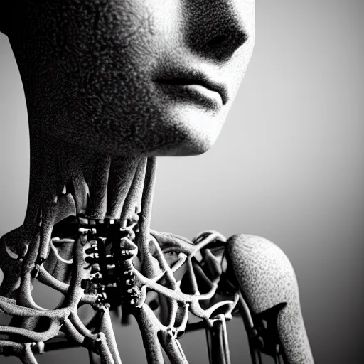 Image similar to black and white photographic foggy portrait, biomechanical beautiful young female priestess - robot bust, body ribs meshes,, volumetric light, rim light, by dora maar and cecile beaton, big gothic fashion pearl embroidered collar, 8 k