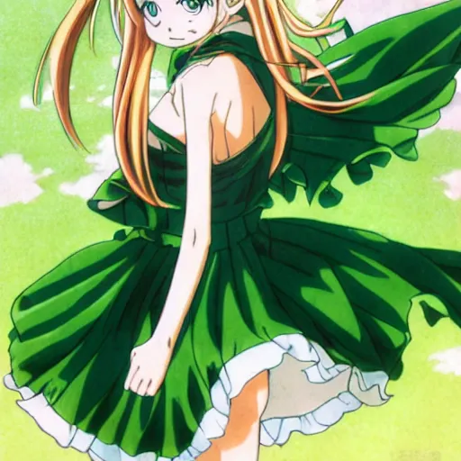 Prompt: anime, girl, green dress, flying, by eiichiro oda