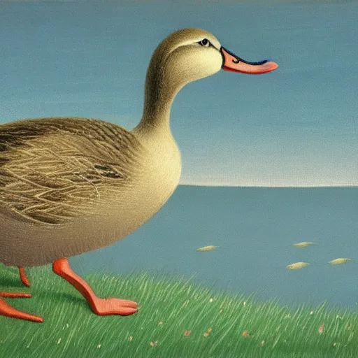 Prompt: a duck on the prowl oil painting Eric Ravilious