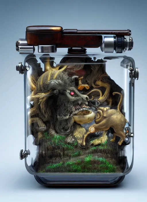 Image similar to enclosed ecosystem of ancient chinese myth lifeforms, animals, creatures, human, monster, delicious, vintage movie camera, in a jar, museum, frostbite 3 engine, portrait, 8 k post - processing, highly detailed