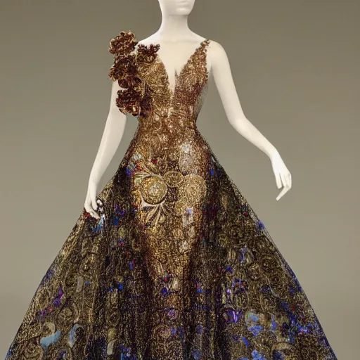 Prompt: exclusive evening dress made of bronze transparent fabric fantasy with colored flower petals made of fabric. intricate asymmetrical patterns. an elegant hat. hyperrealistic photos, clear details.