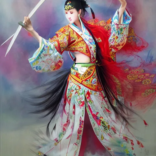 Image similar to A striking hyper real portrait painting of a gorgeous sword dance Chinese costume woman , trending on artbreeder, long hair, smoke, feathers flying, flowers rain everywhere, full body XIANXIA, Chinese temple, depth of field by Yoji Shinkawa 4k