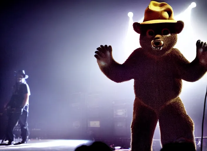 Image similar to publicity photo still of smokey the bear on tour with korn live on stage, 8 k, live concert lighting, mid shot