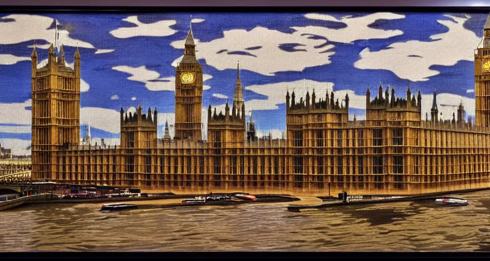 Image similar to london houses of parliament, highly detailed, dramatic lighting, intense shadows, rich deep colours, by roy lichtenstein