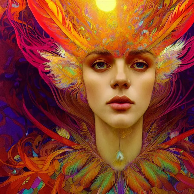 Image similar to face of young psychedelic transcendent feather mind bending psychedelic wings of glossy liquid honey flowing like kaleidoscopic translucent holograph, lsd feathers, feathery fluff, enlightenment, high contrast dappled lighting, refracted sunset, highly detailed, concept art, art by collier, albert aublet, krenz cushart, artem demura, alphonse mucha