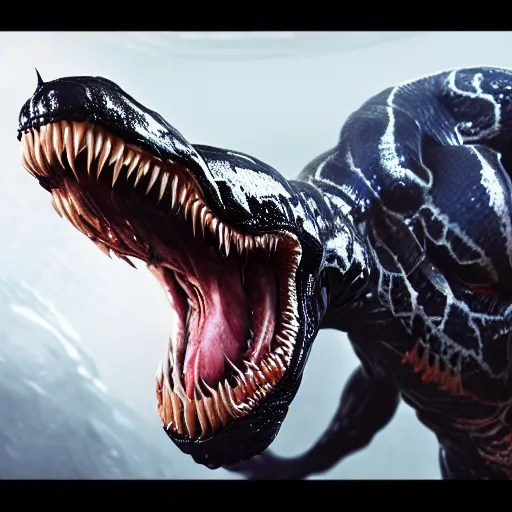 Image similar to full body pose, hyperrealistic photograph of venom, dim volumetric lighting, 8 k, octane beautifully detailed render, extremely hyper detailed, intricate, epic composition, cinematic lighting, masterpiece, trending on artstation, very very detailed, stunning, hdr, smooth, sharp focus, high resolution, award, winning photo, dslr, 5 0 mm